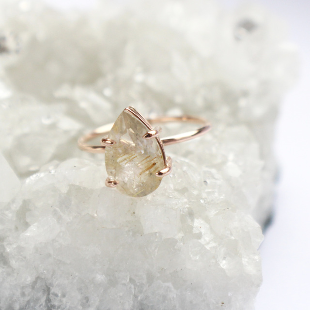Asteria and Pablo 9ct Gold Pear Rutilated quartz Boho Ring stack